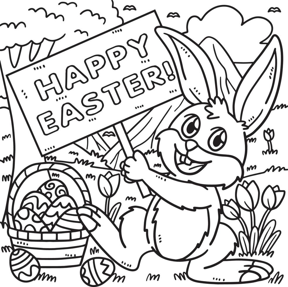 Bunny Holding Happy Easter Coloring Page for Kids vector