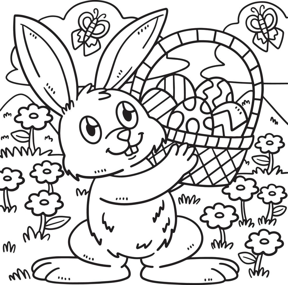 Bunny and Basket of Easter Eggs Coloring Page vector