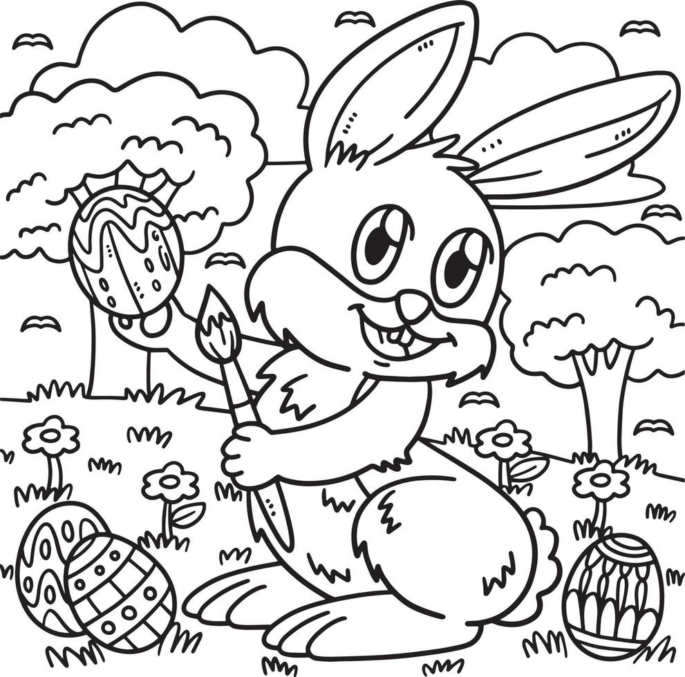 Bunny Painting Easter Egg Coloring Page for Kids vector
