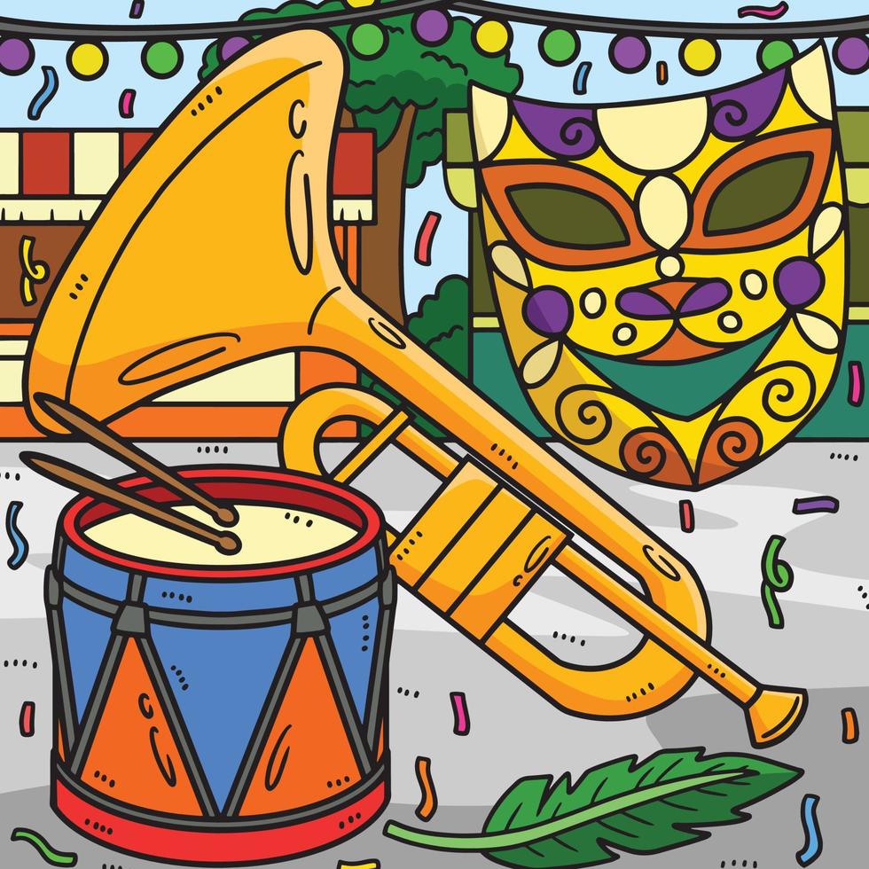 Mardi Gras Trumpet, Drum, and Mask Colored Cartoon vector