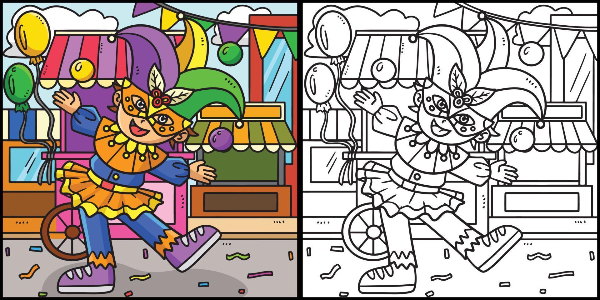 mardi gras jester boy colorear página ilustración vector