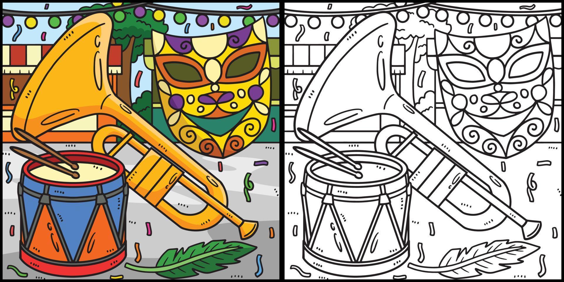 ilustración de trompeta, tambor y máscara de mardi gras vector