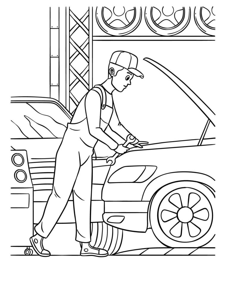 Página para colorear de mecánico de automóviles para niños vector