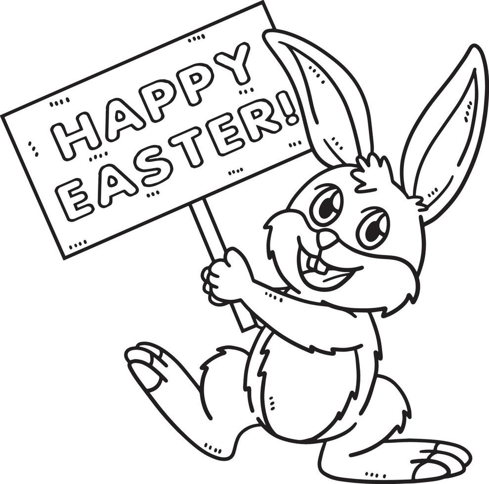 Bunny Holding Happy Easter Isolated Coloring Page vector