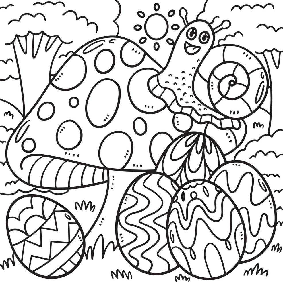 Snail on Mushroom with Easter Eggs Coloring Page vector