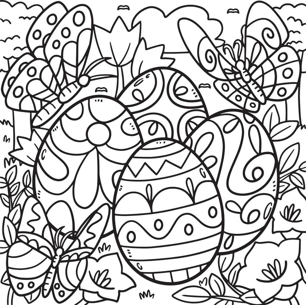 Butterflies Hovering Over Easter Eggs Coloring vector
