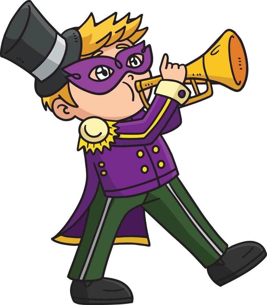 mardi gras niño tocando la trompeta clipart de dibujos animados vector