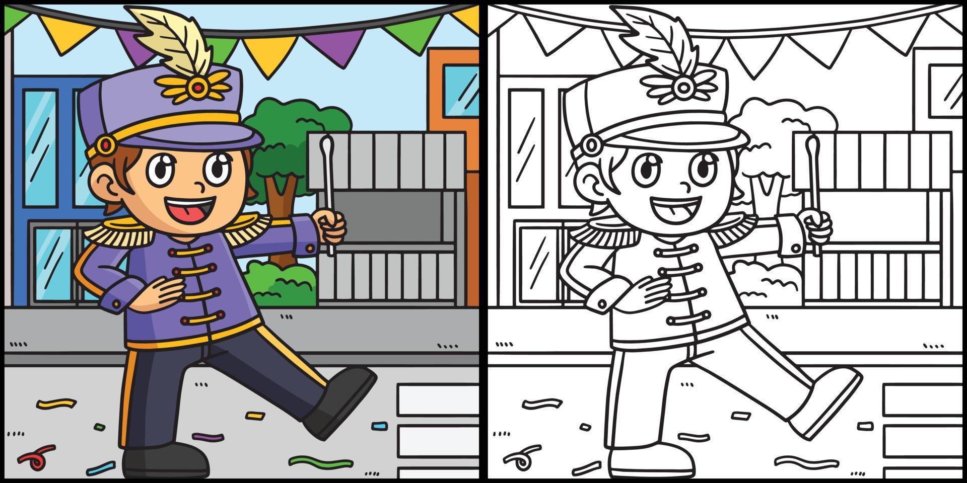 mardi gras boy marchando banda para colorear ilustración vector