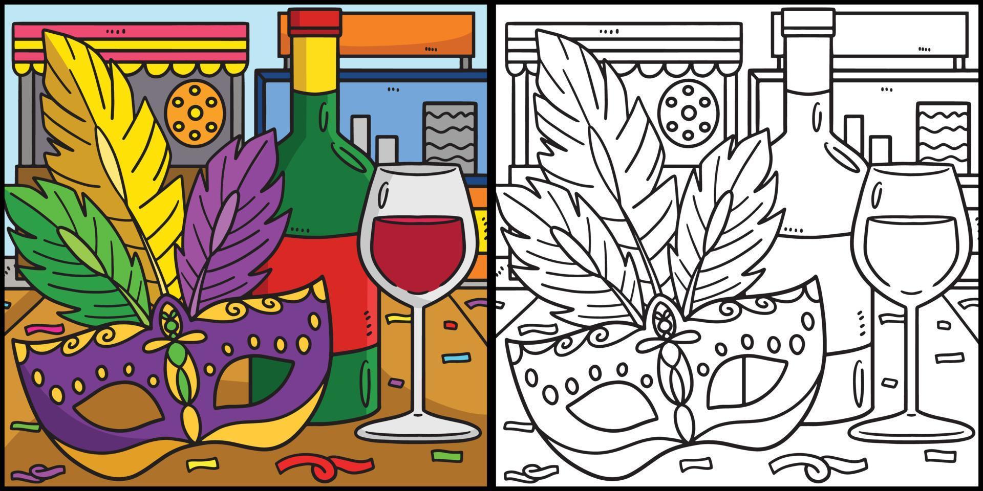 mardi gras máscara y vino para colorear ilustración vector