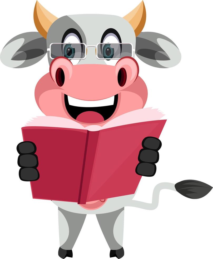 Cow reading book, illustration, vector on white background.