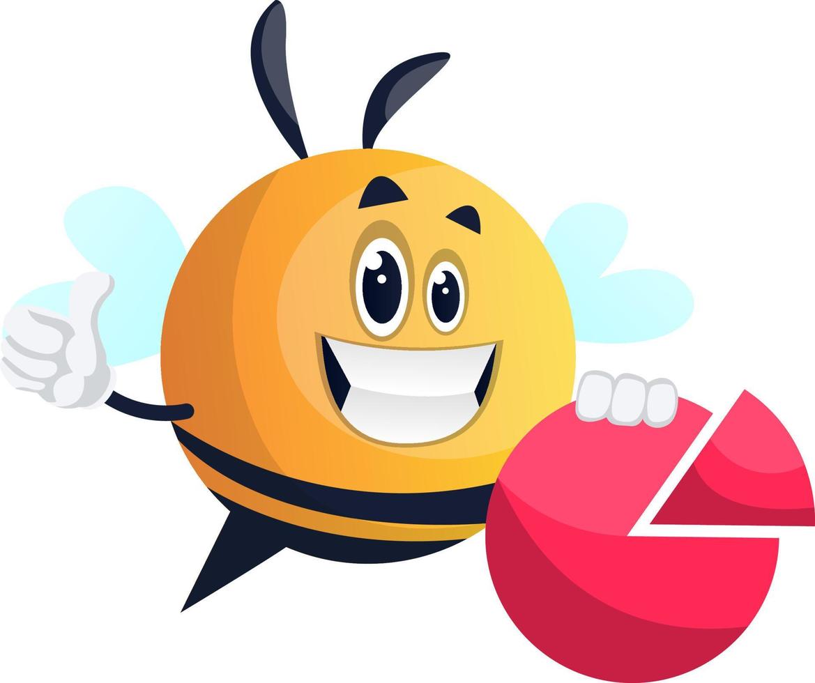 Bee thumb up, bee holding a piece, illustration, vector on white background.