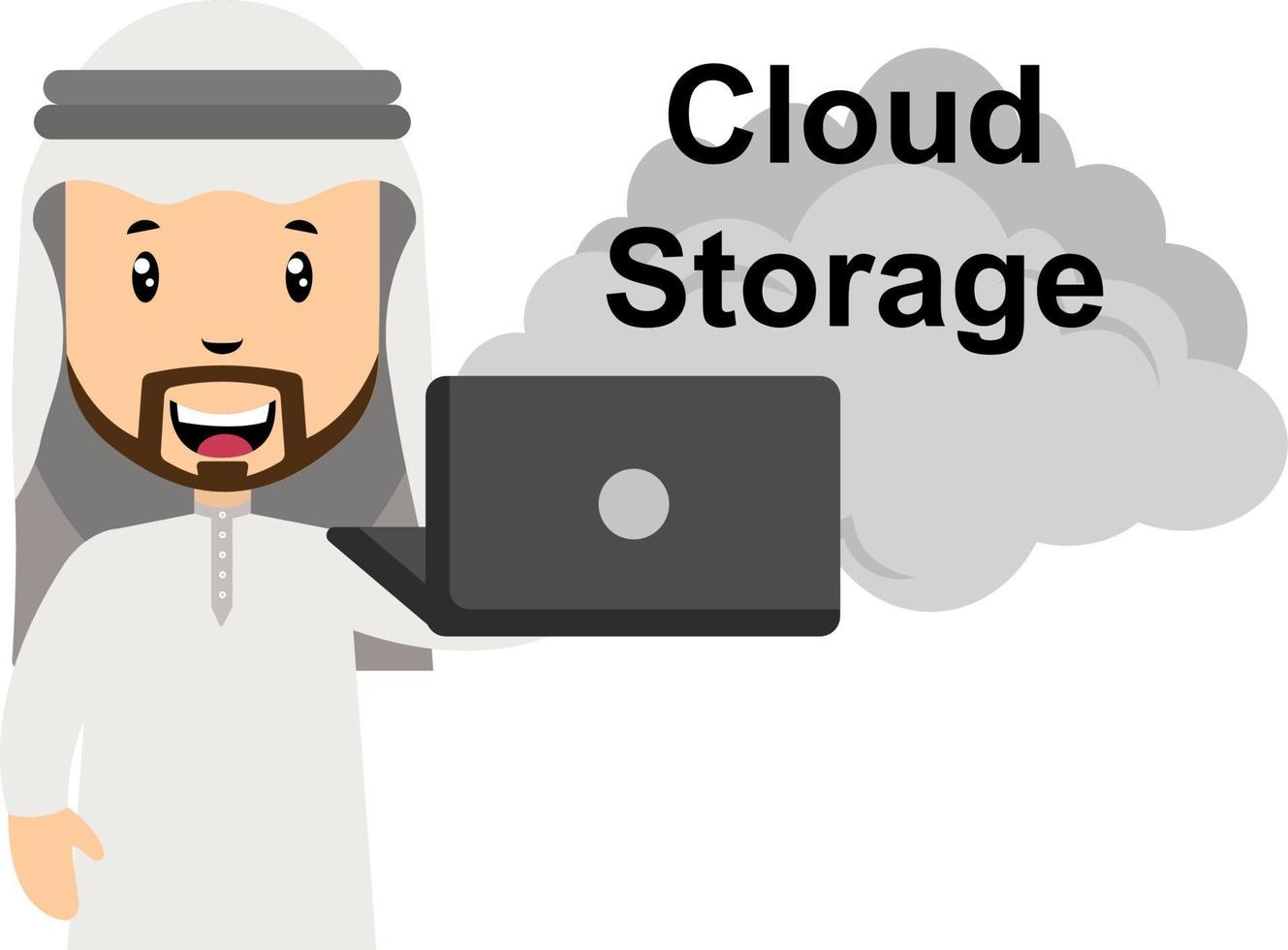 Arab using cloud storage, illustration, vector on white background.