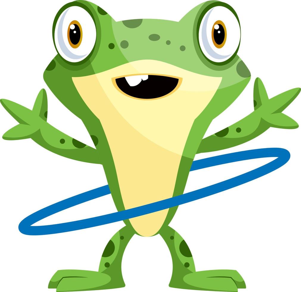 Happy frog dancing with the hula hoop, illustration, vector on white background.