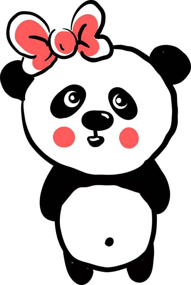 panda con lazo rojo, ilustración, vector sobre fondo blanco.