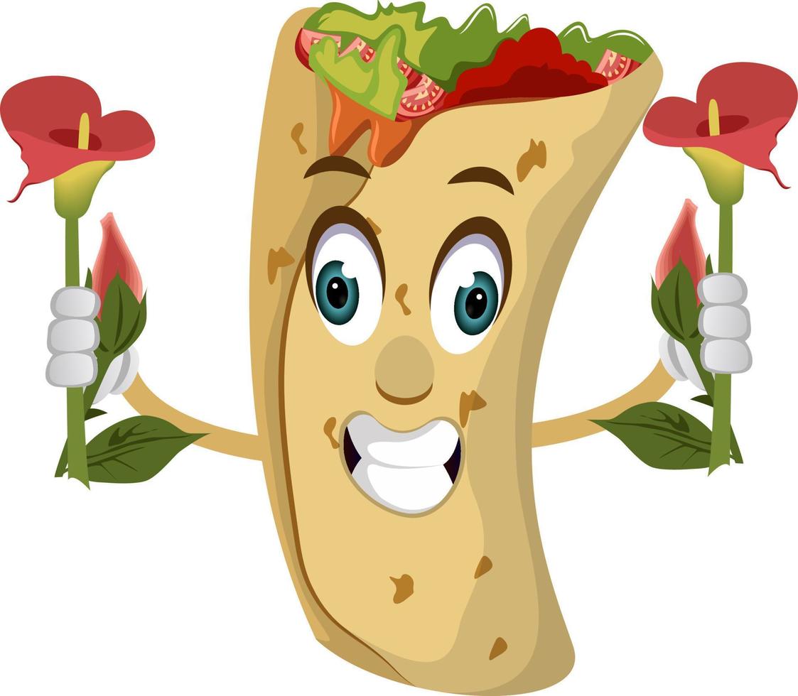 Burrito with flowers, illustration, vector on white background.