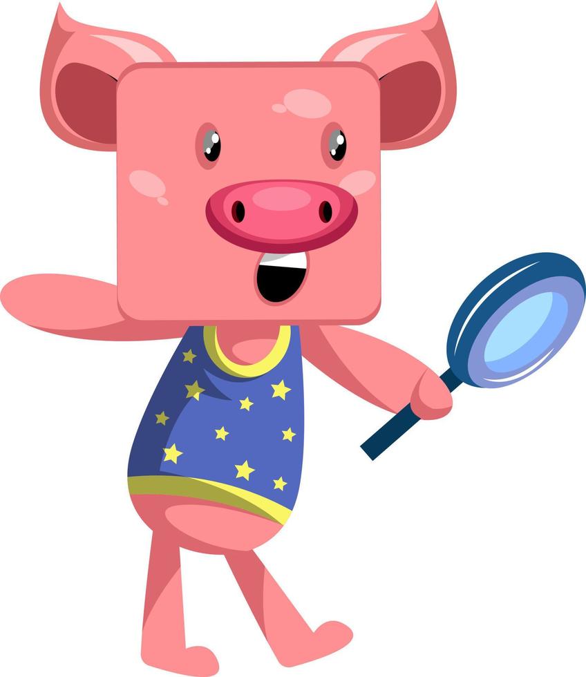 Pig with magnifying glass, illustration, vector on white background.