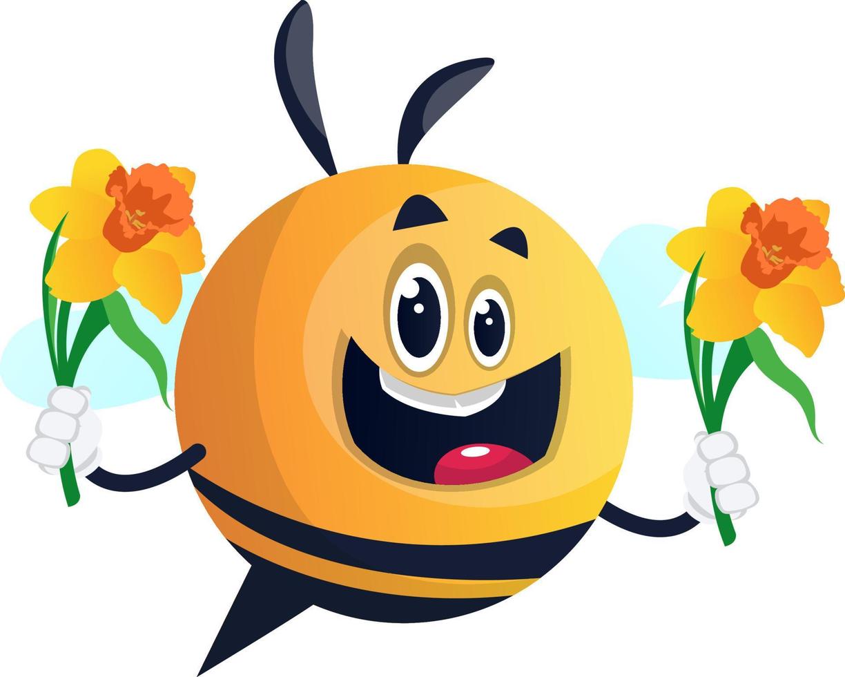 Abeja sosteniendo flores, ilustración, vector sobre fondo blanco.