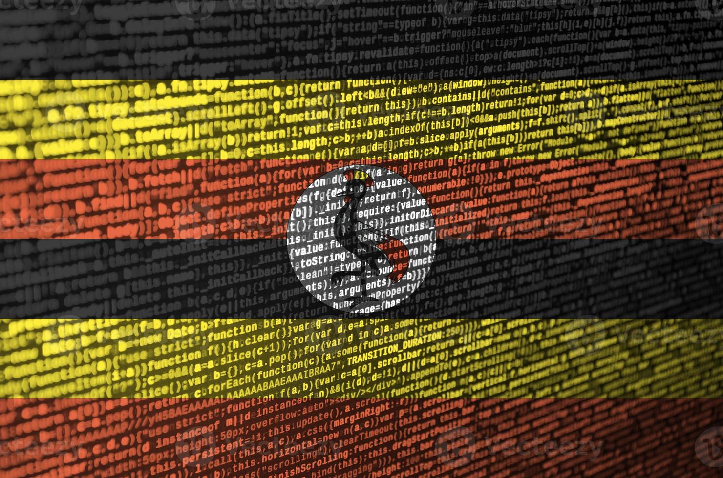 Uganda flag is depicted on the screen with the program code. The concept of modern technology and site development photo