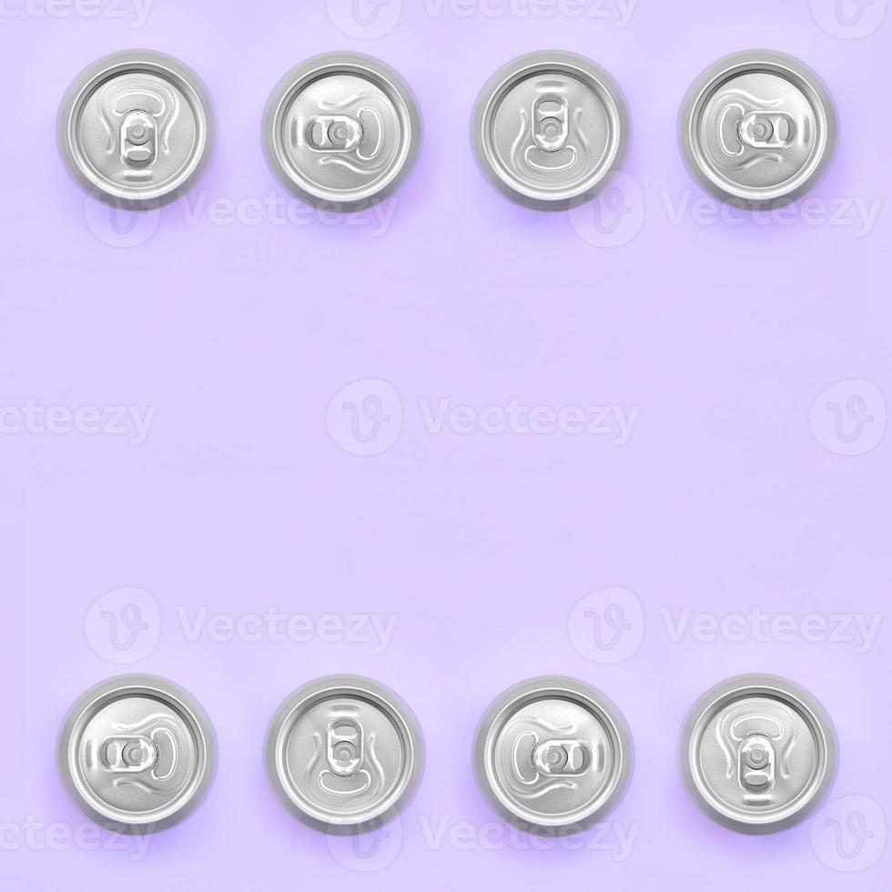 Frame of a many metallic beer cans on texture background of fashion pastel violet color paper in minimal concept photo