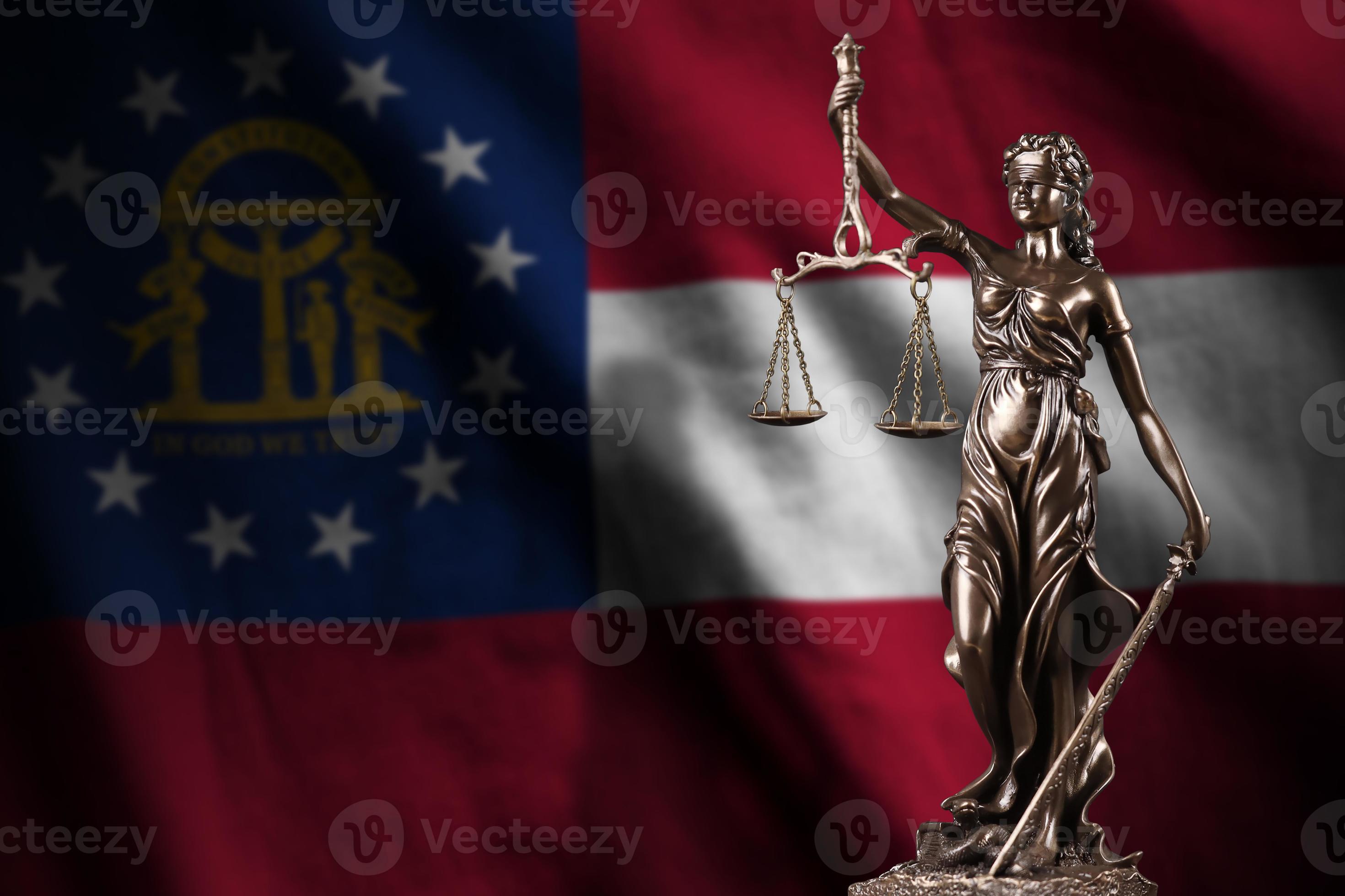 US state flag with statue of lady justice and judicial scales