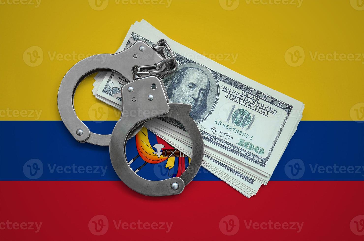 Ecuador flag with handcuffs and a bundle of dollars. Currency corruption in the country. Financial crimes photo