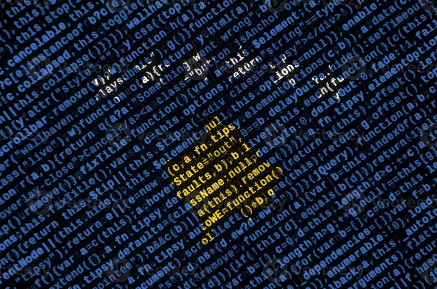 Kosovo flag is depicted on the screen with the program code. The concept of modern technology and site development photo