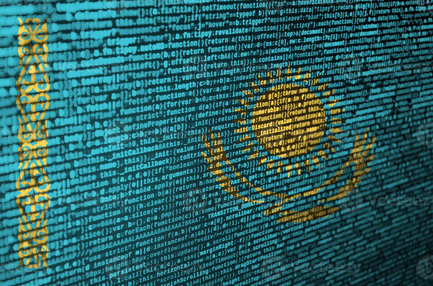 Kazakhstan flag is depicted on the screen with the program code. The concept of modern technology and site development photo