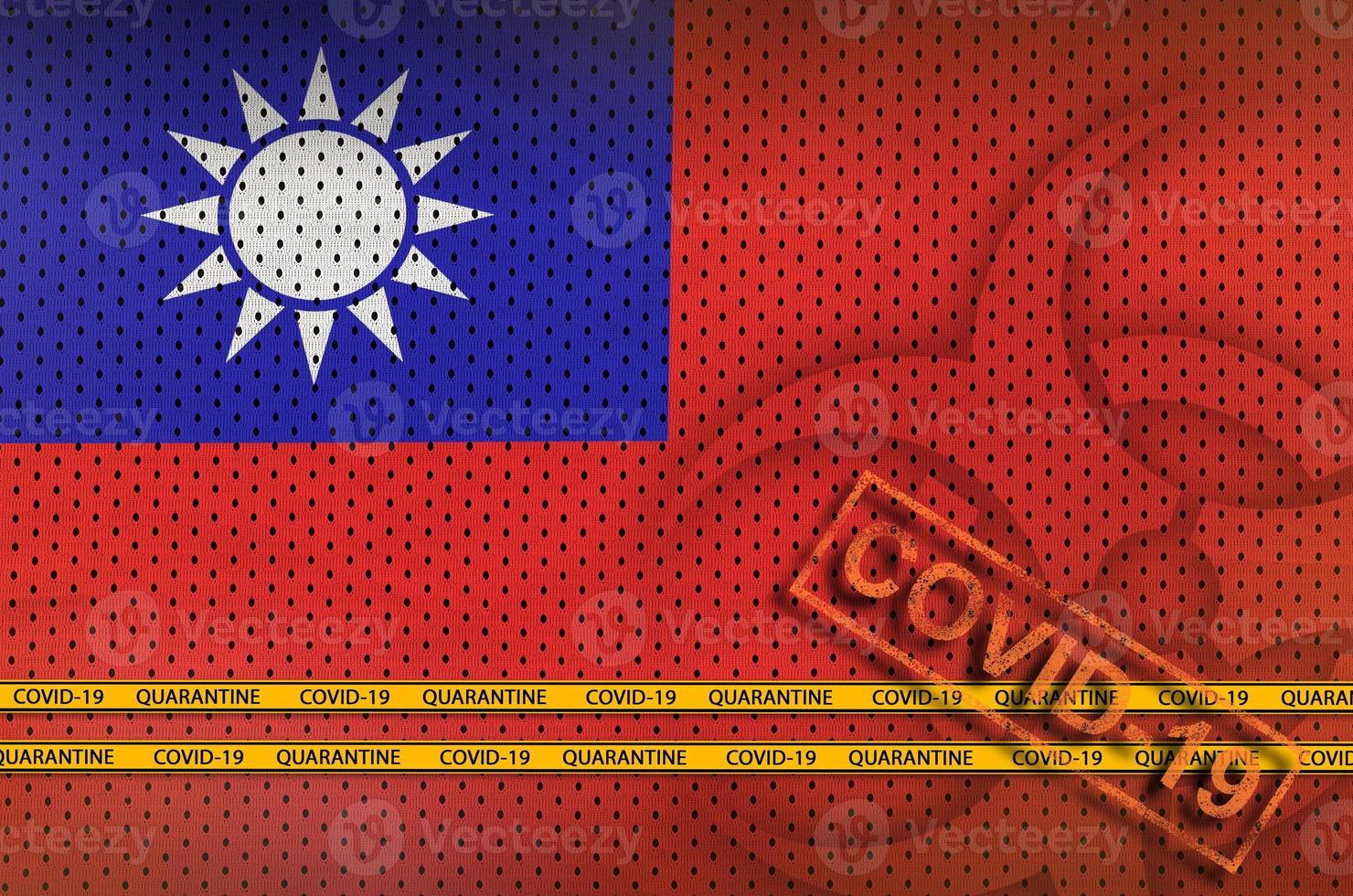 Taiwan flag and orange Covid-19 stamp with border tape. Coronavirus or 2019-nCov virus concept photo