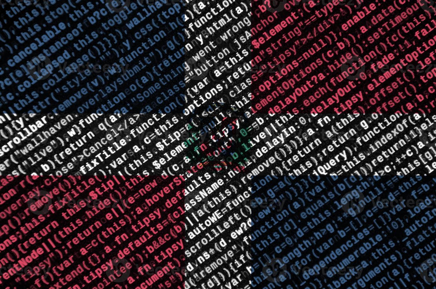 Dominican Republic flag is depicted on the screen with the program code. The concept of modern technology and site development photo
