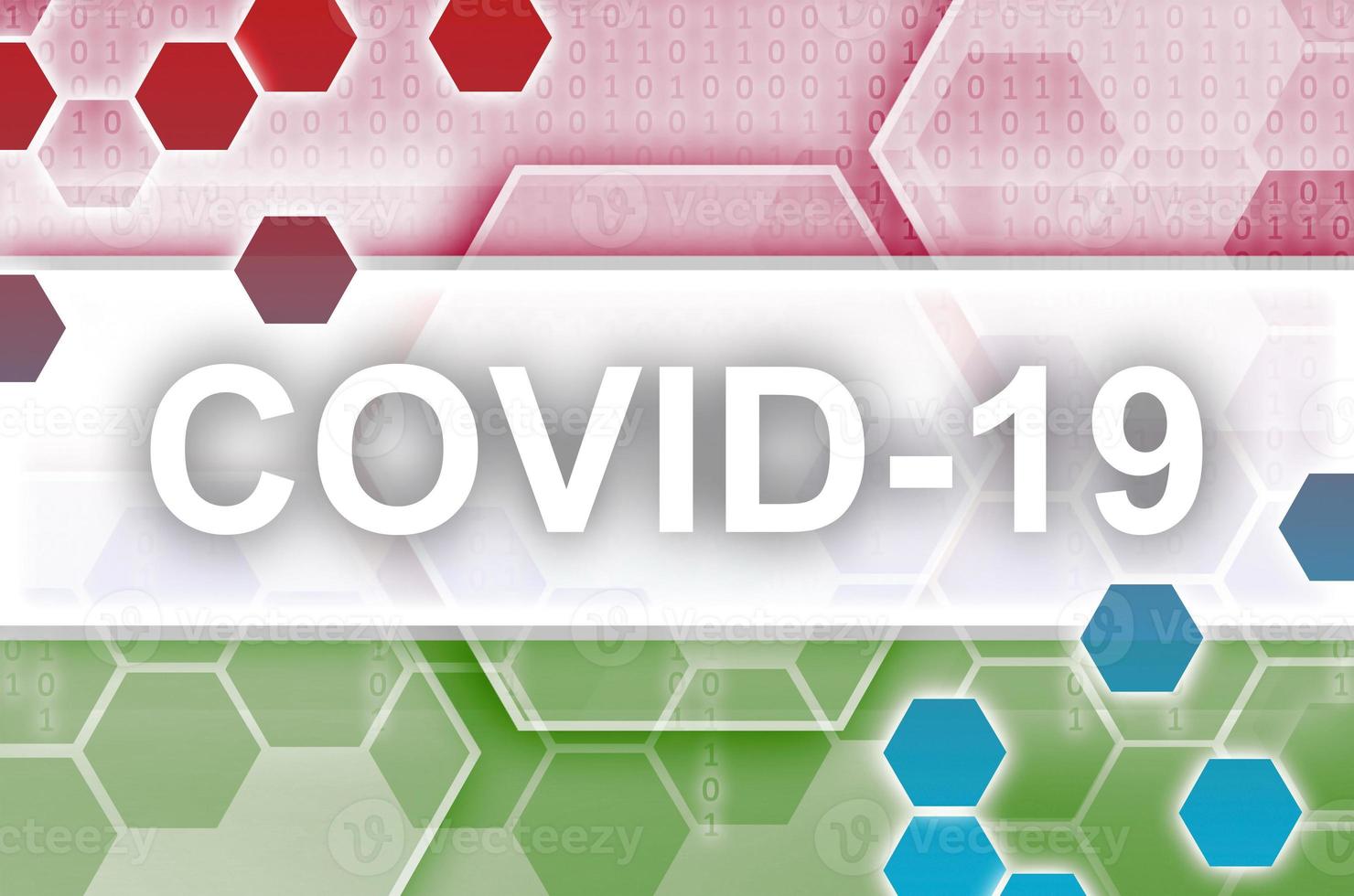 Tajikistan flag and futuristic digital abstract composition with Covid-19 inscription. Coronavirus outbreak concept photo