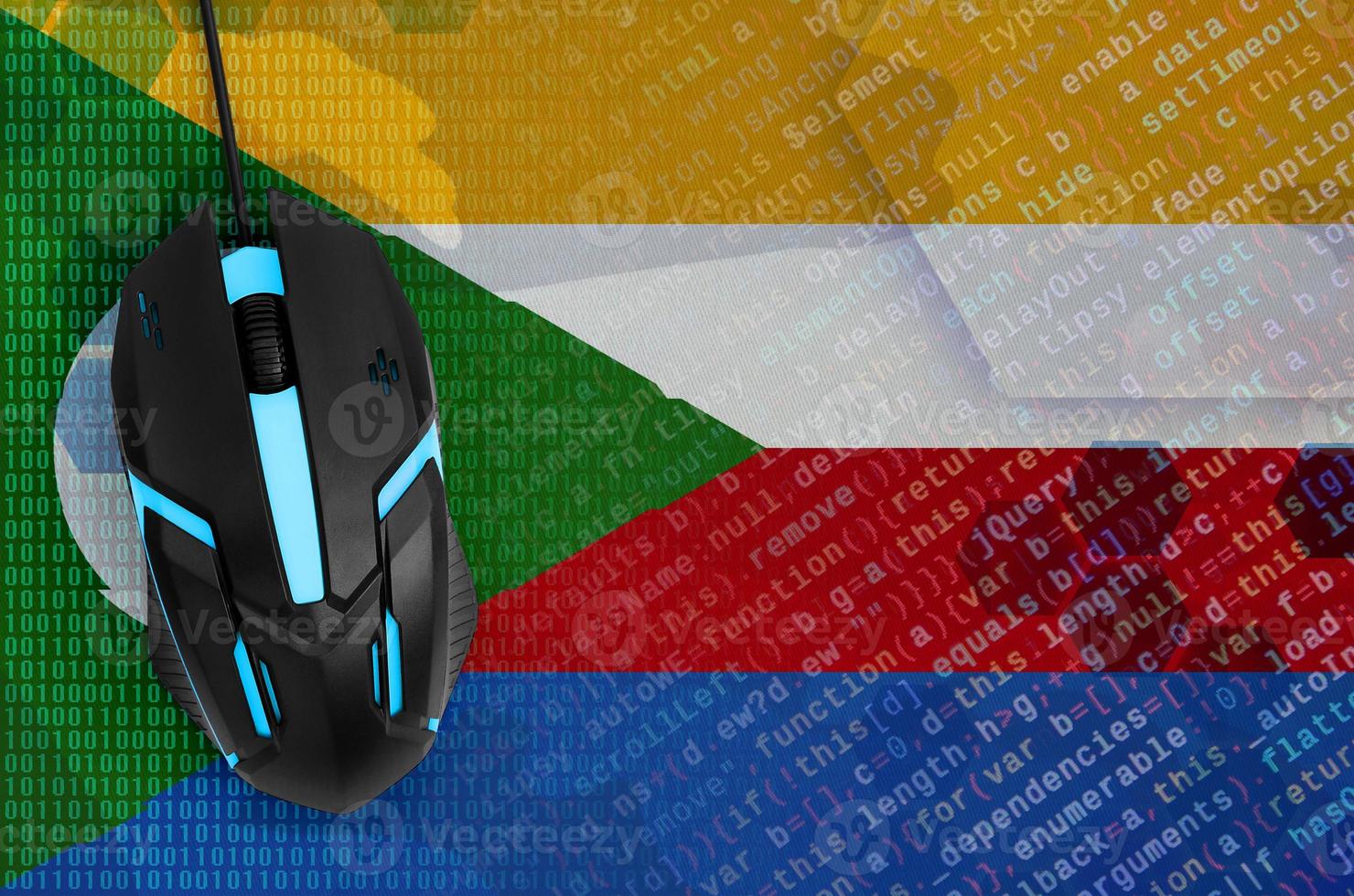 Comoros flag and computer mouse. Digital threat, illegal actions on the Internet photo