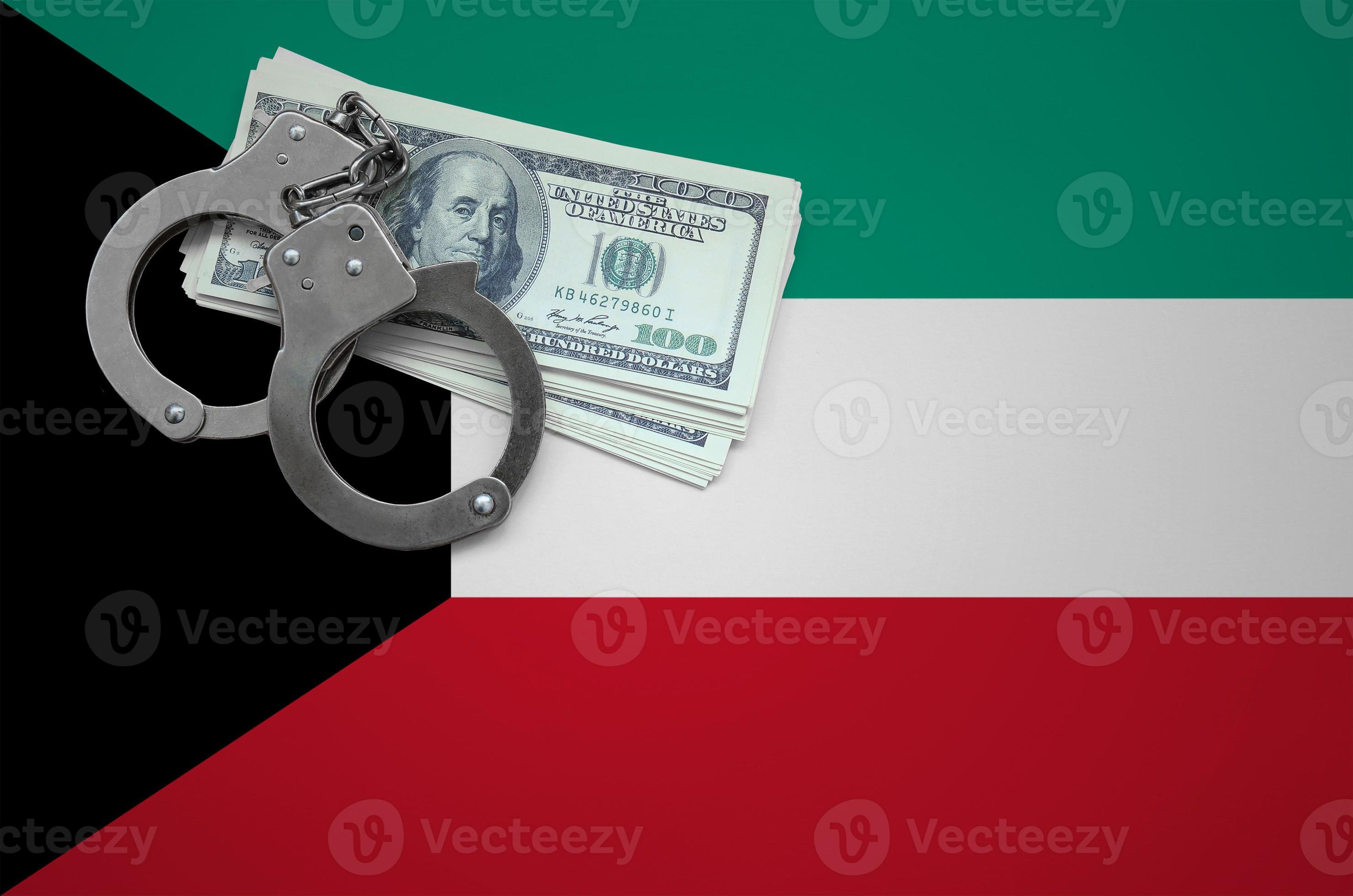 Kuwait flag with handcuffs and a bundle of dollars. The concept of