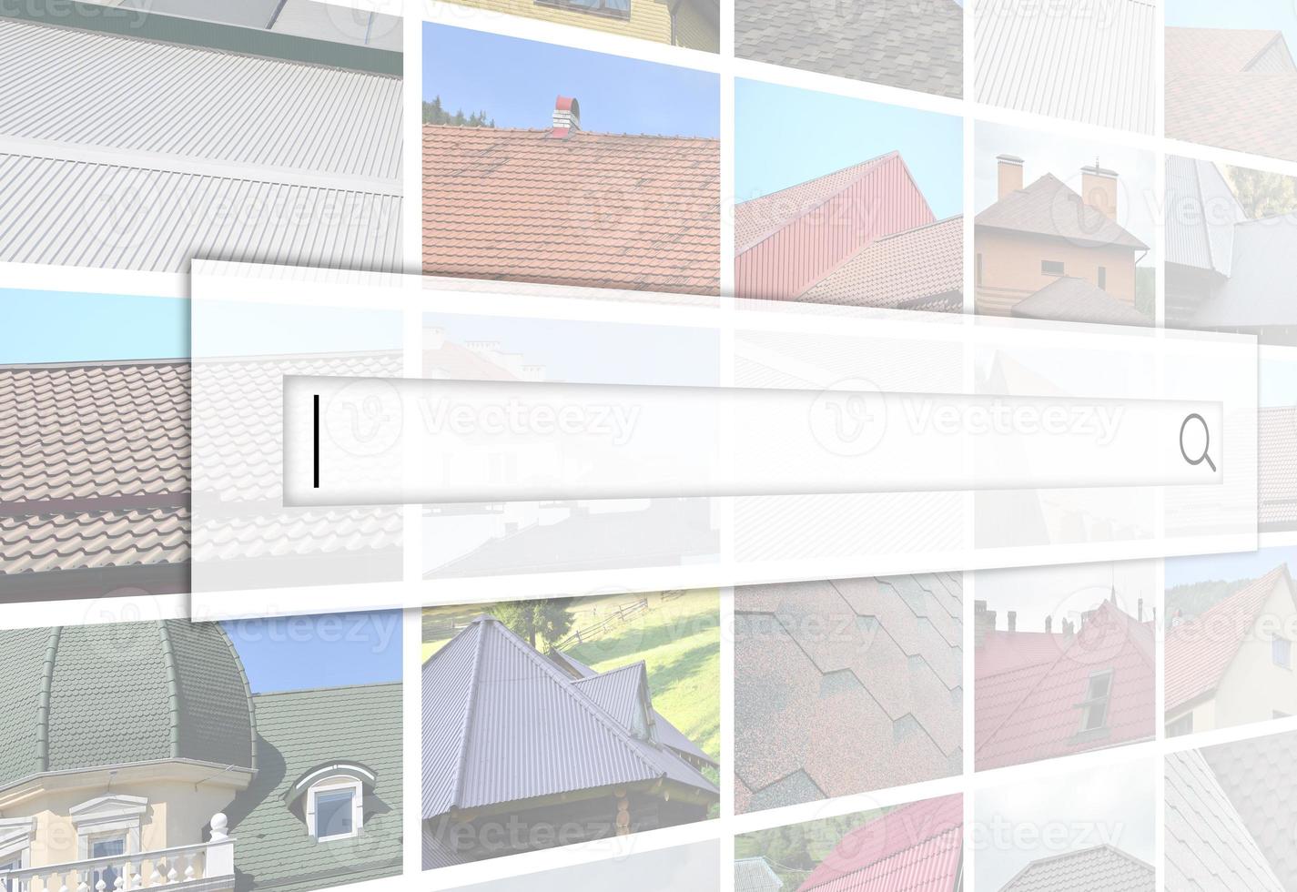 Visualization of the search bar on the background of a collage of many pictures with fragments of various types of roofing. Set of images with roofs photo
