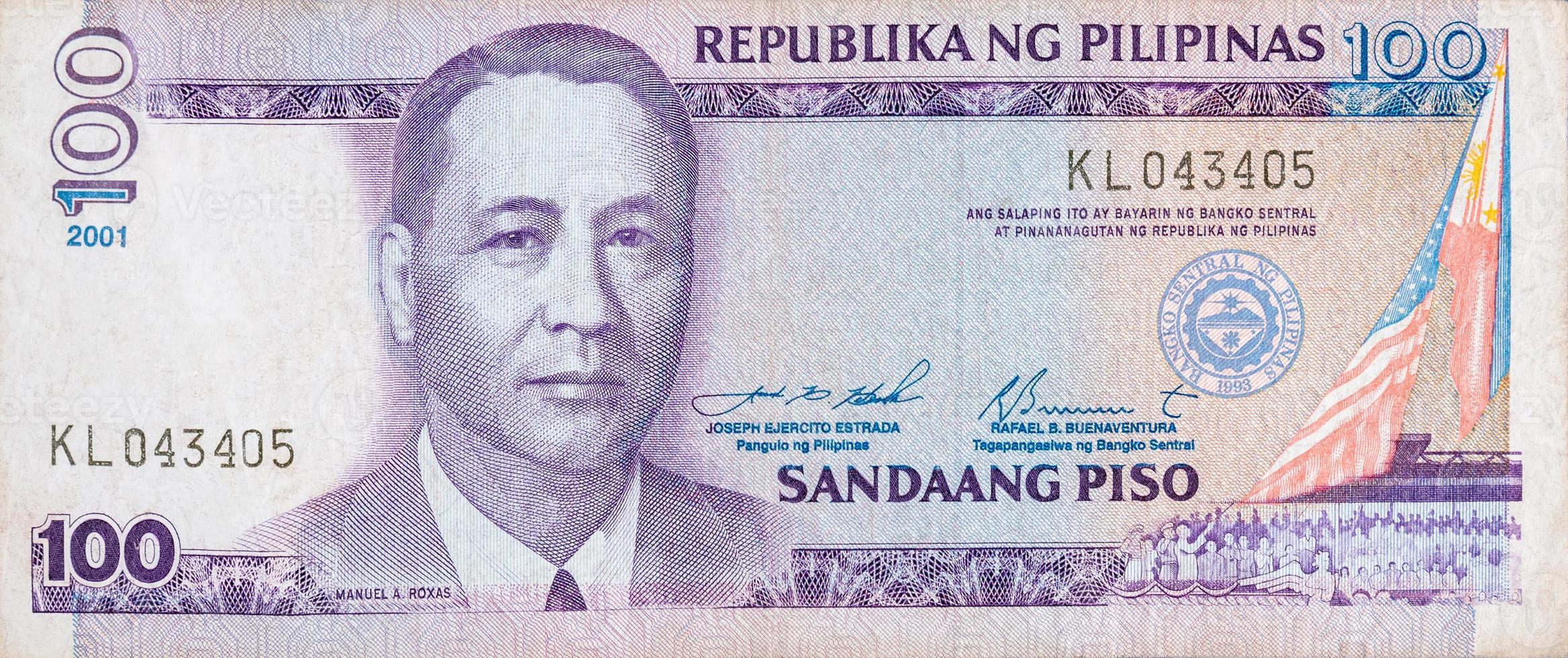 Manuel A Roxas on 100 piso Philippines money bill close up fragment photo