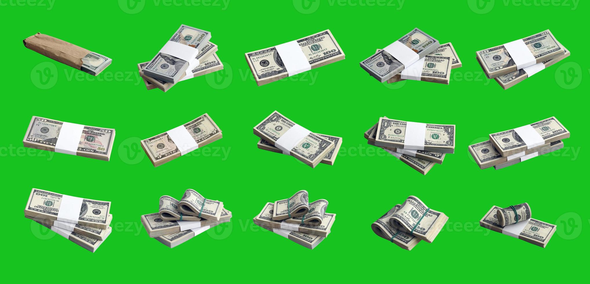 Big set of bundles of US dollar bills isolated on chroma key green. Collage with many packs of american money with high resolution on perfect green background photo