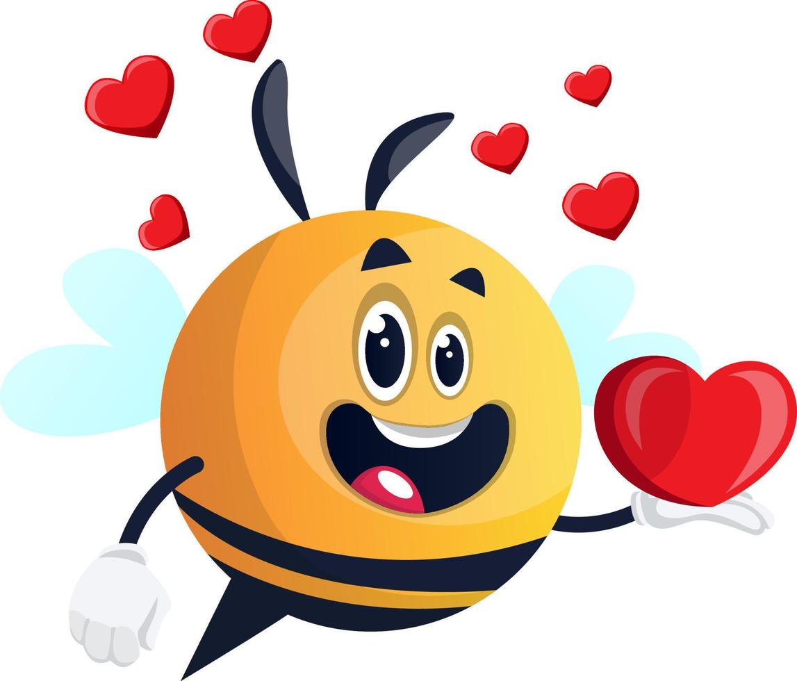 Bee holding a hearth, bee in love, illustration, vector on white background.