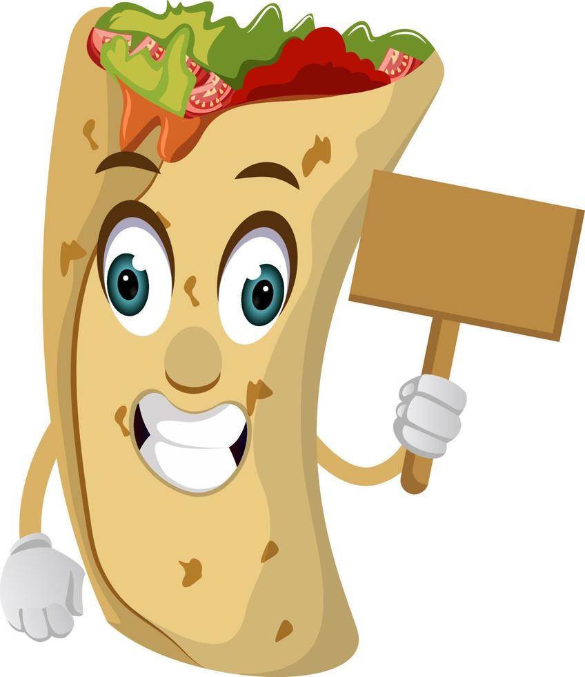 Burrito with blank sign, illustration, vector on white background.