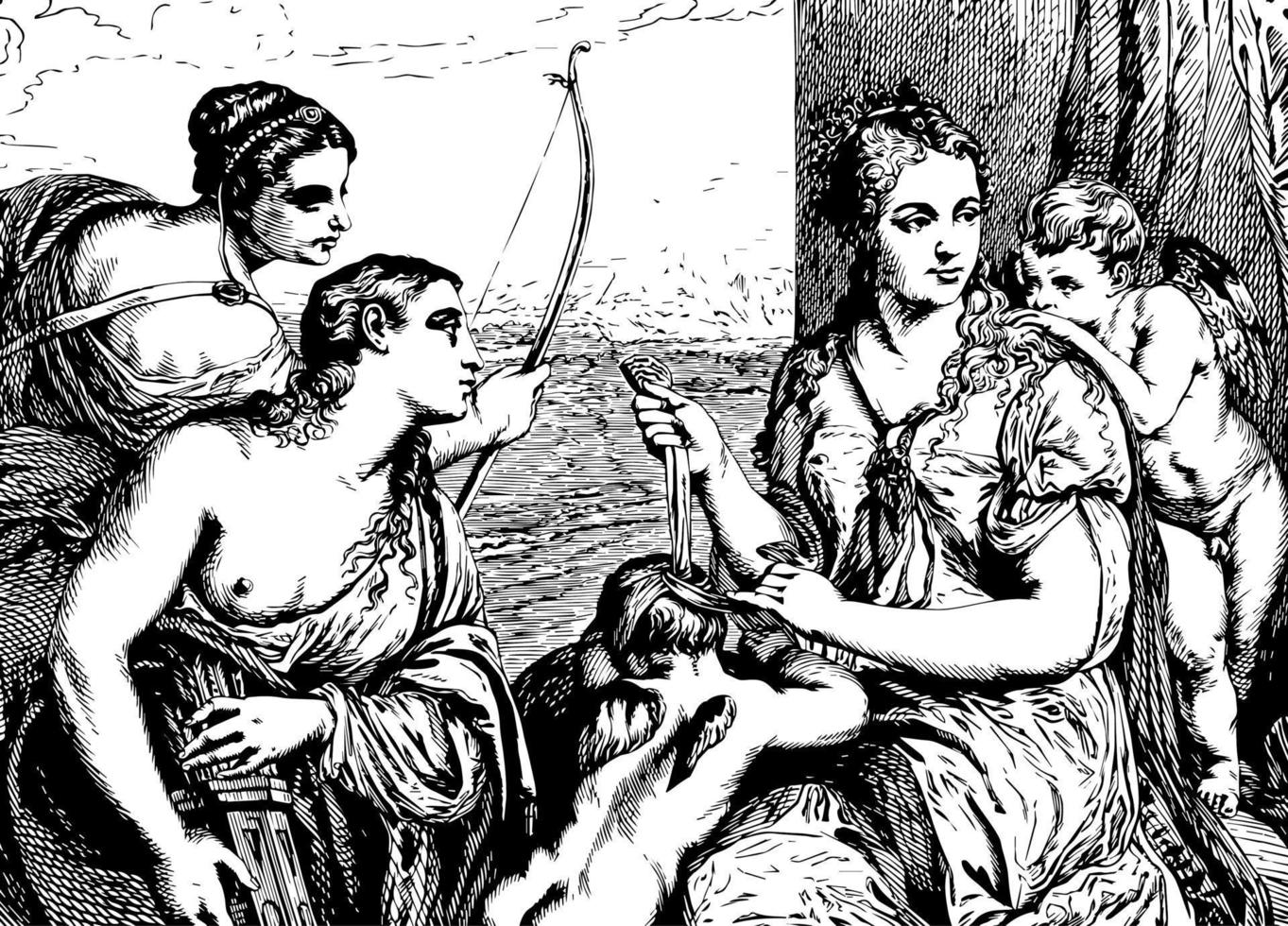 Cupid Equipped by Venus is of a Roman story, vintage engraving. vector