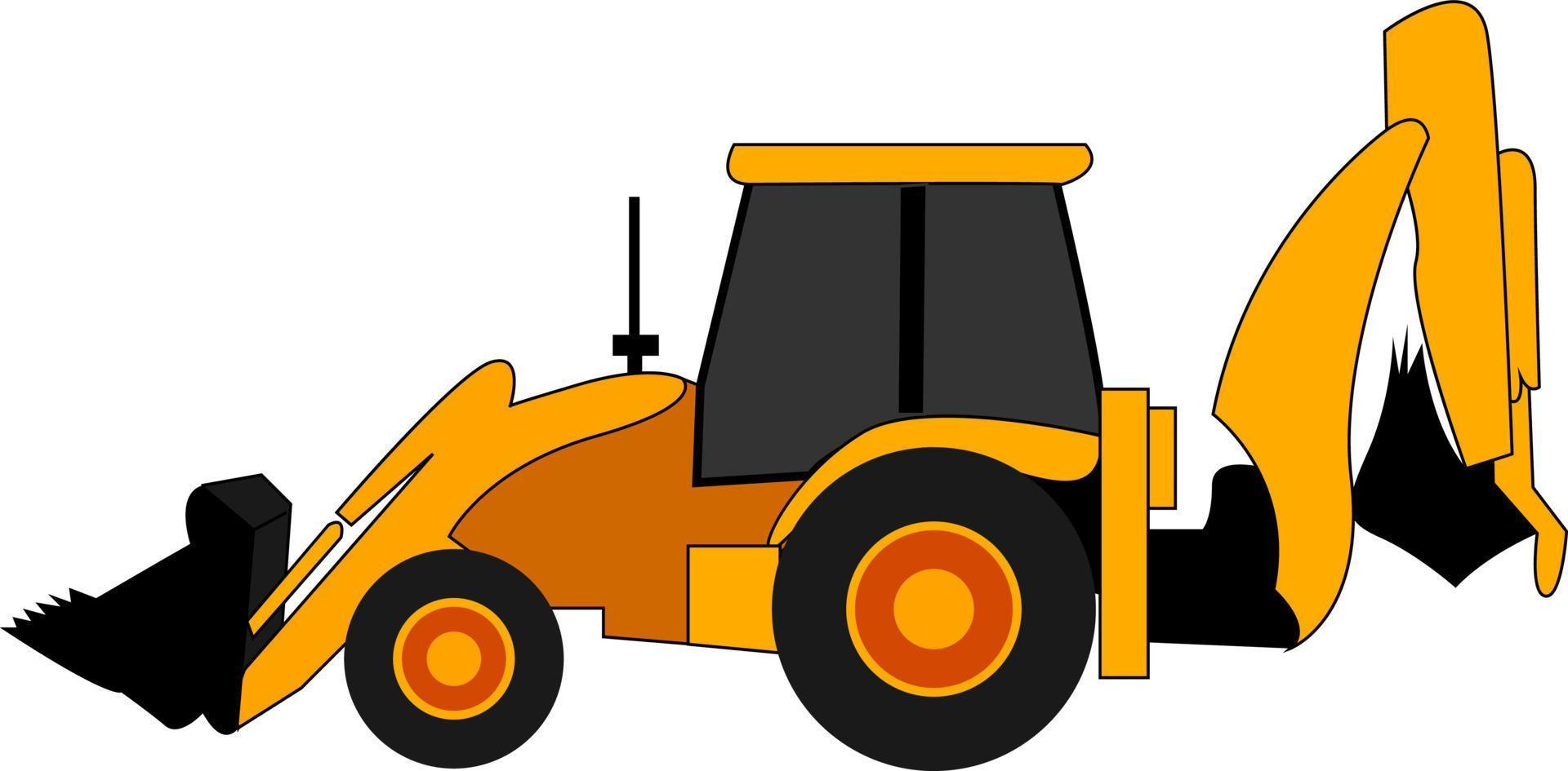 Excavadora tractor amarillo, ilustración, vector sobre fondo blanco.