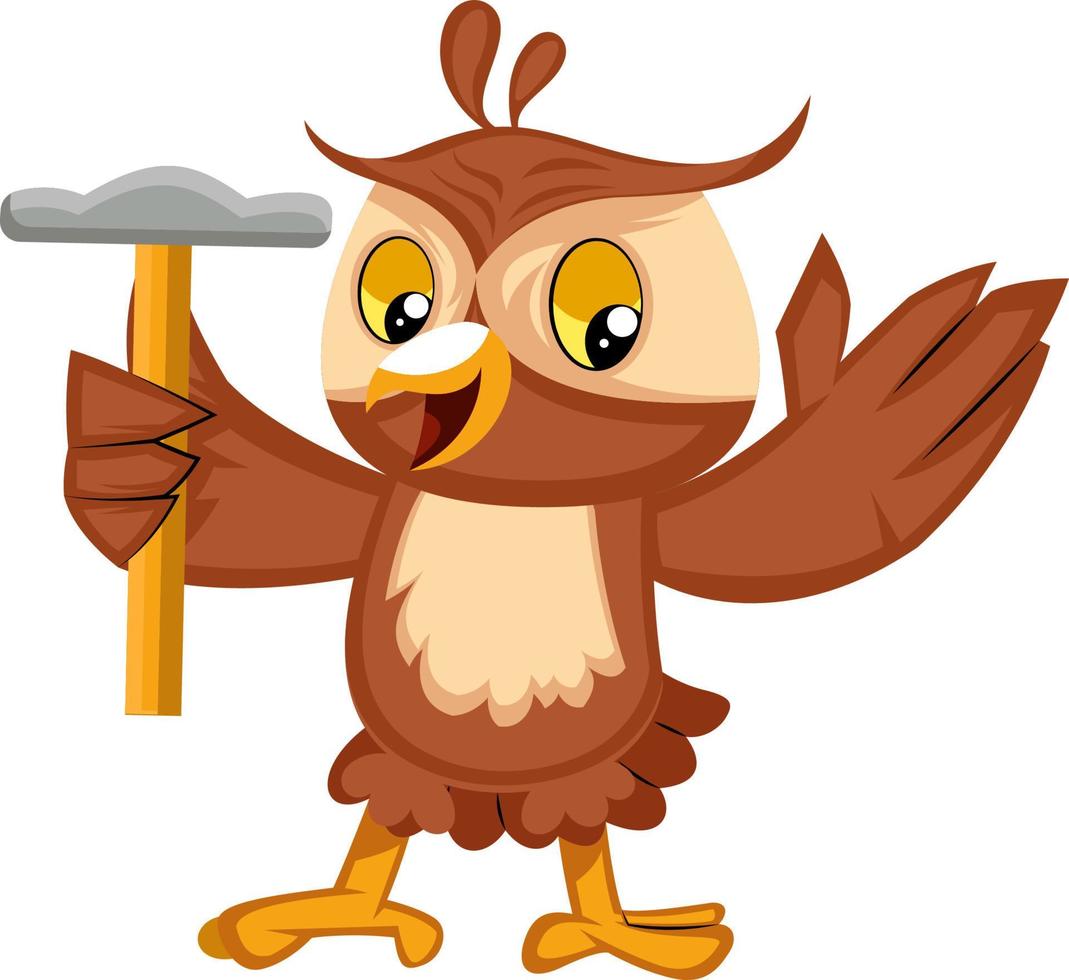 Owl with hammer, illustration, vector on white background.