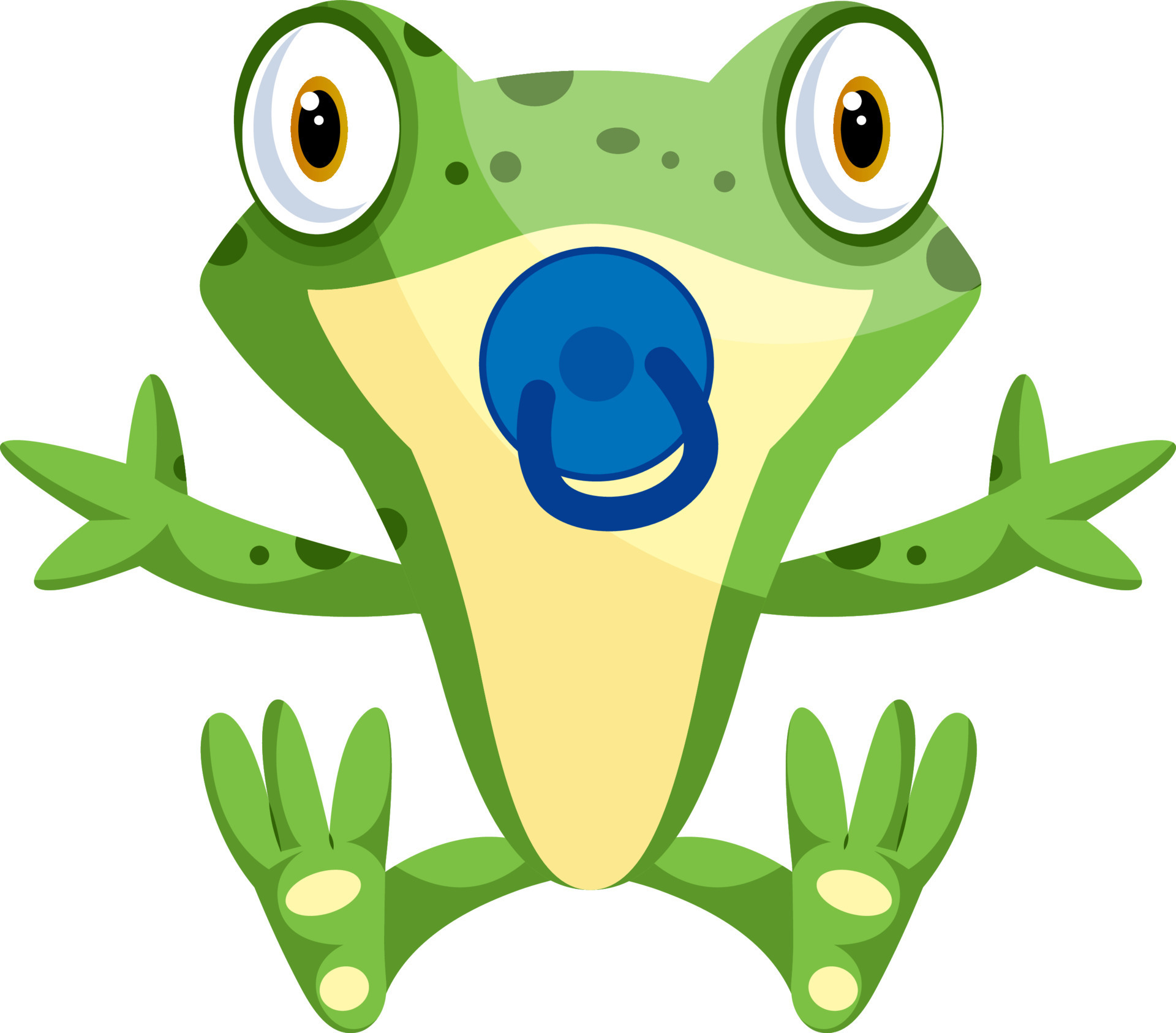 Cute baby frog with a pacifier, illustration, vector on white