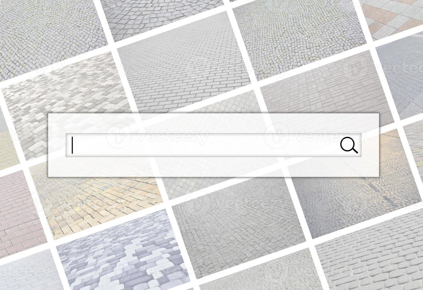 Visualization of the search bar on the background of a collage of many pictures with fragments of paving tiles close-up. Set of images with pavement stone photo