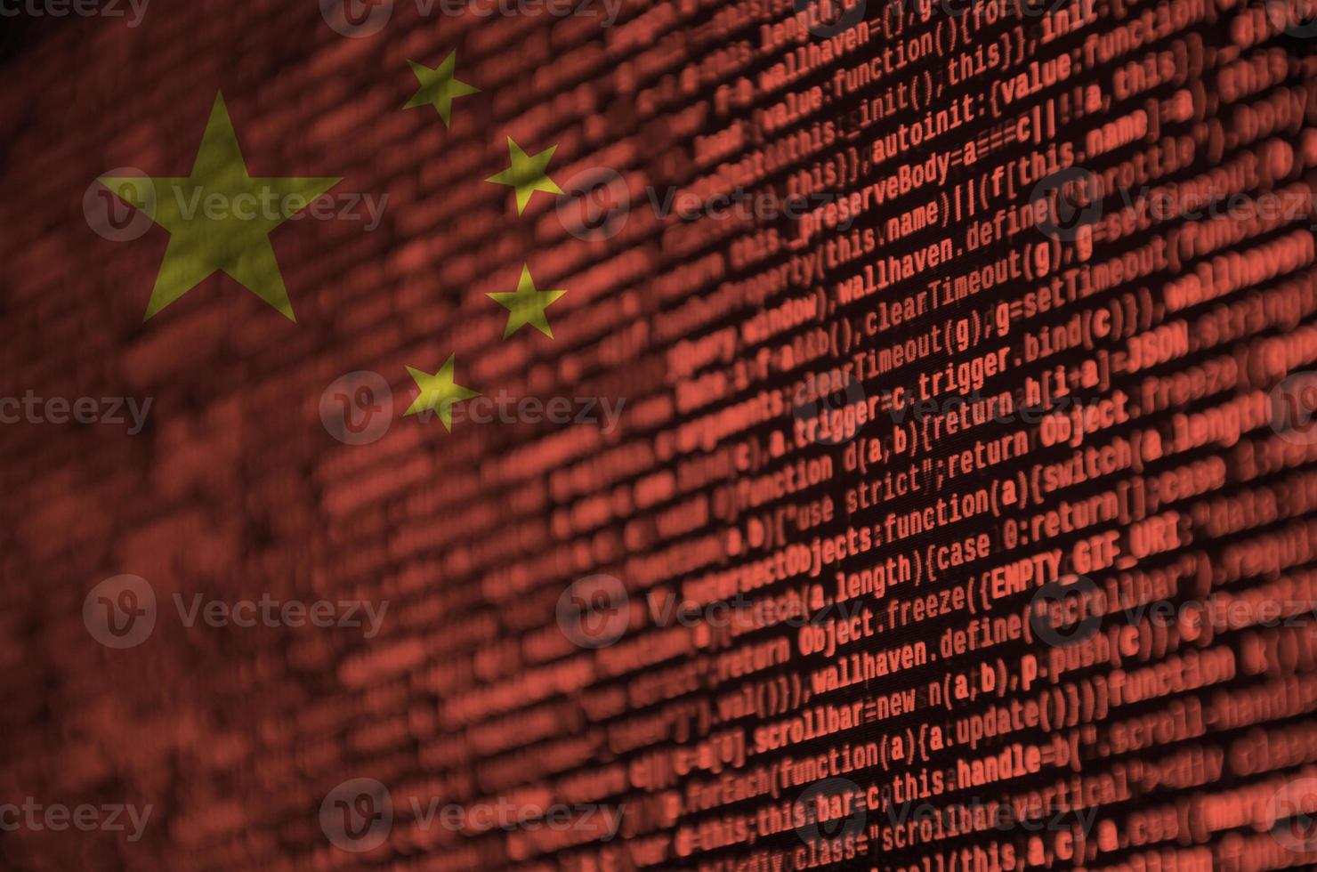 China flag is depicted on the screen with the program code. The concept of modern technology and site development photo