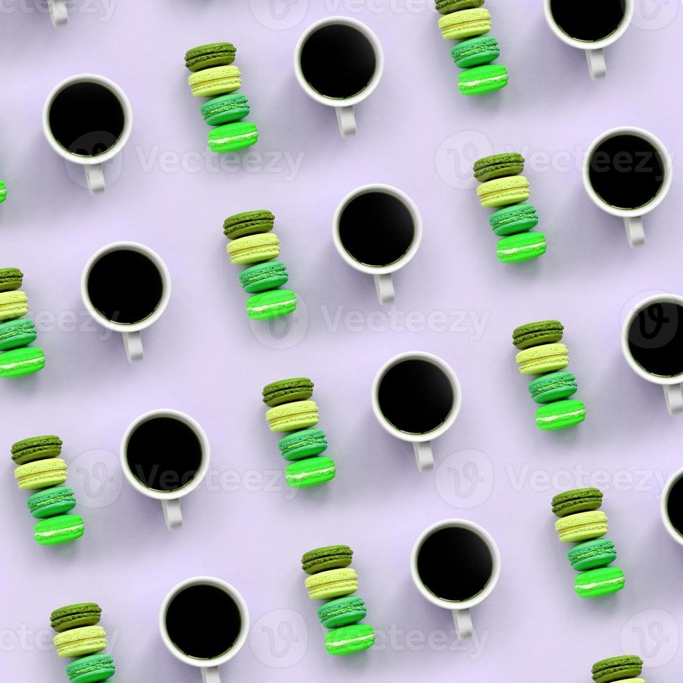 A pattern of many colorful dessert cake macaroon and coffee cups on trendy pastel lilac background top view photo