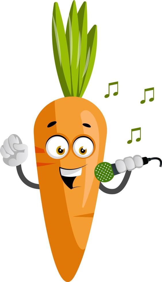 Zanahoria con micrófono, ilustración, vector sobre fondo blanco.