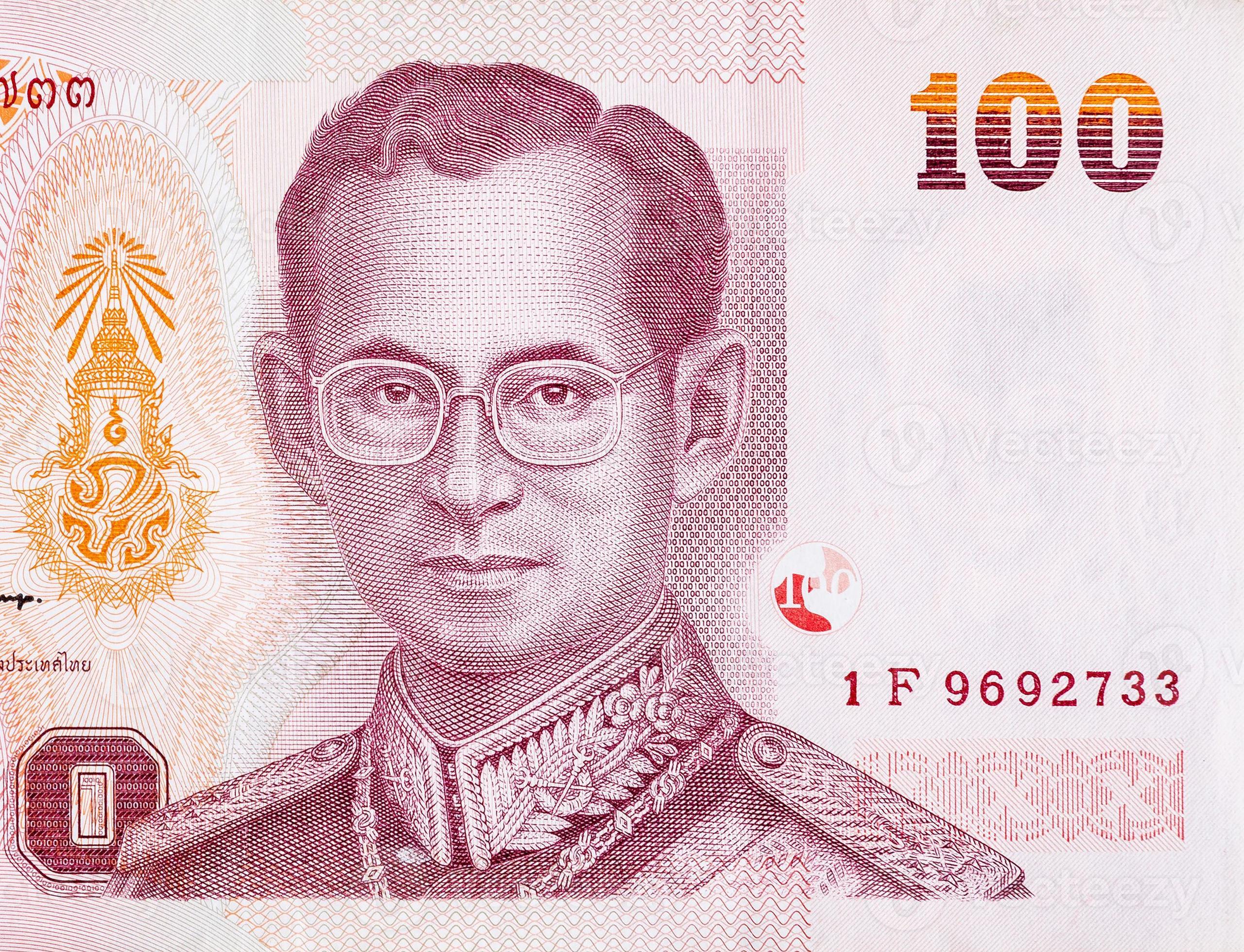 King Bhumibol Adulyadej On 100 Baht Thailand Money Bill Close Up king-bhumibol-adulyadej-on-100-baht-thailand-money-bill-close-up