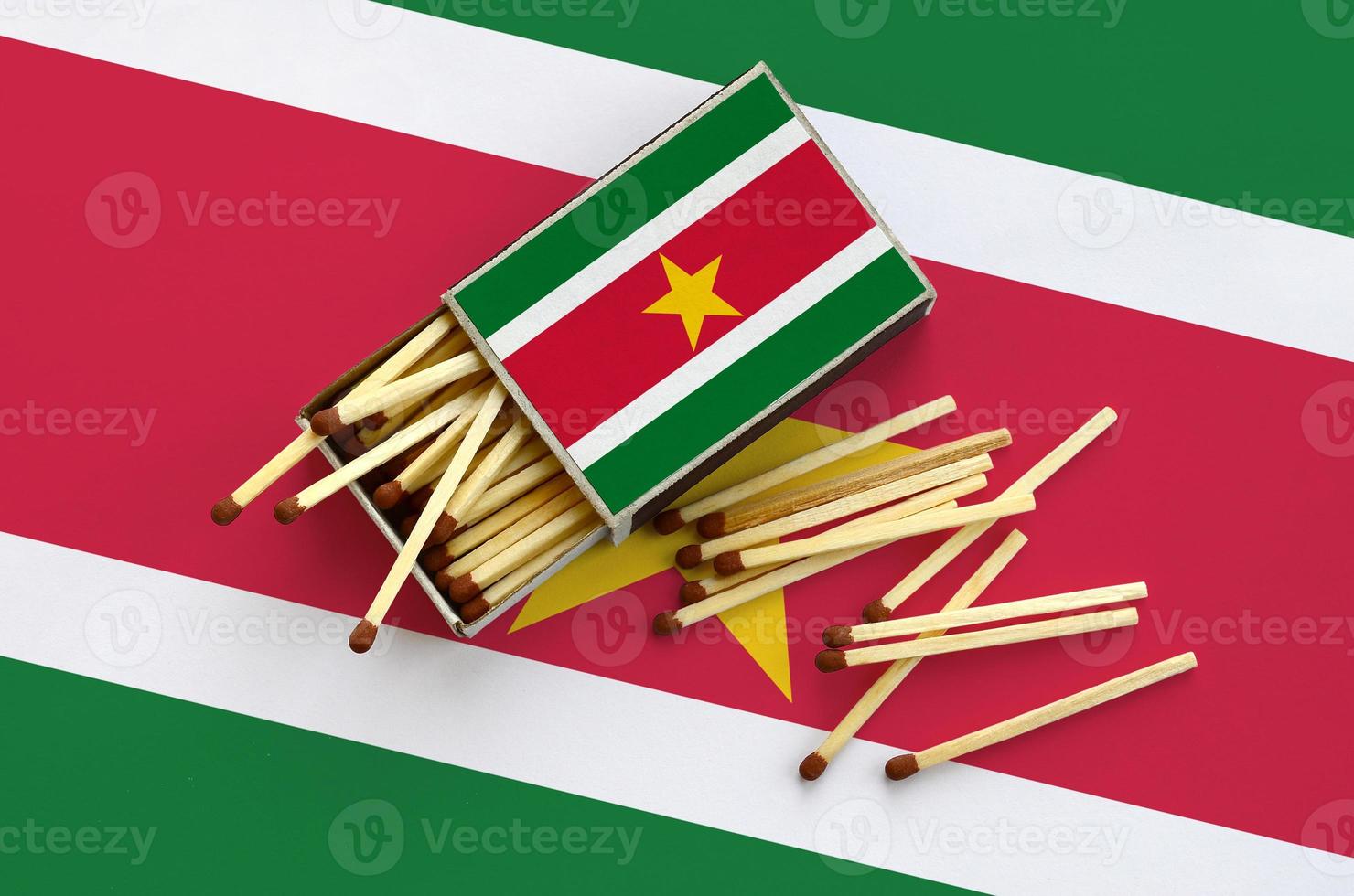 Suriname flag is shown on an open matchbox, from which several matches fall and lies on a large flag photo