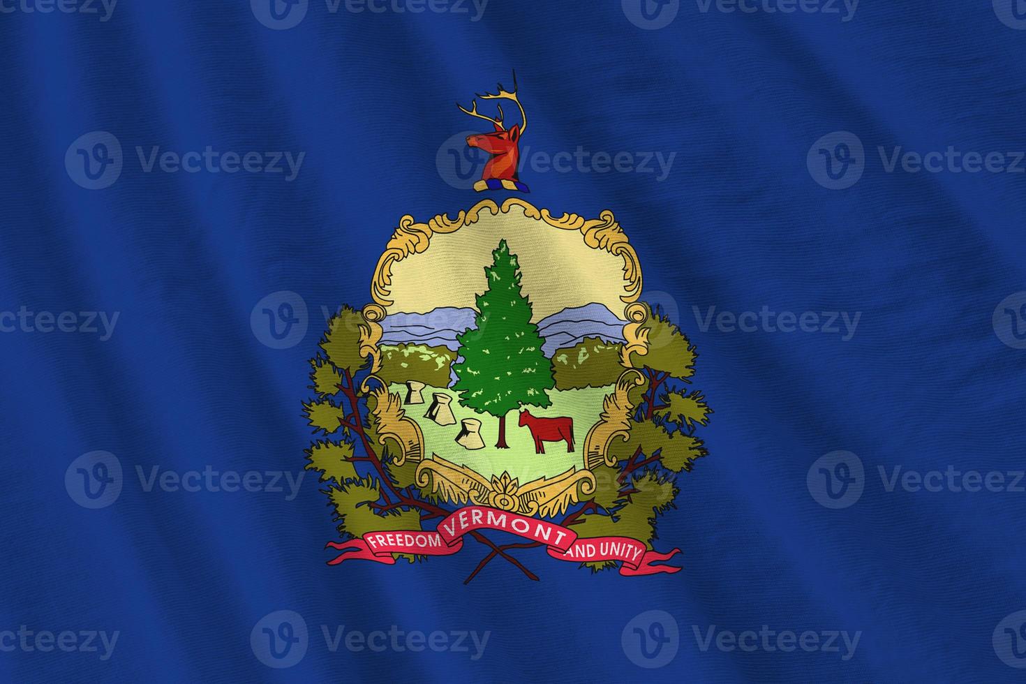 Vermont US state flag with big folds waving close up under the studio light indoors. The official symbols and colors in banner photo