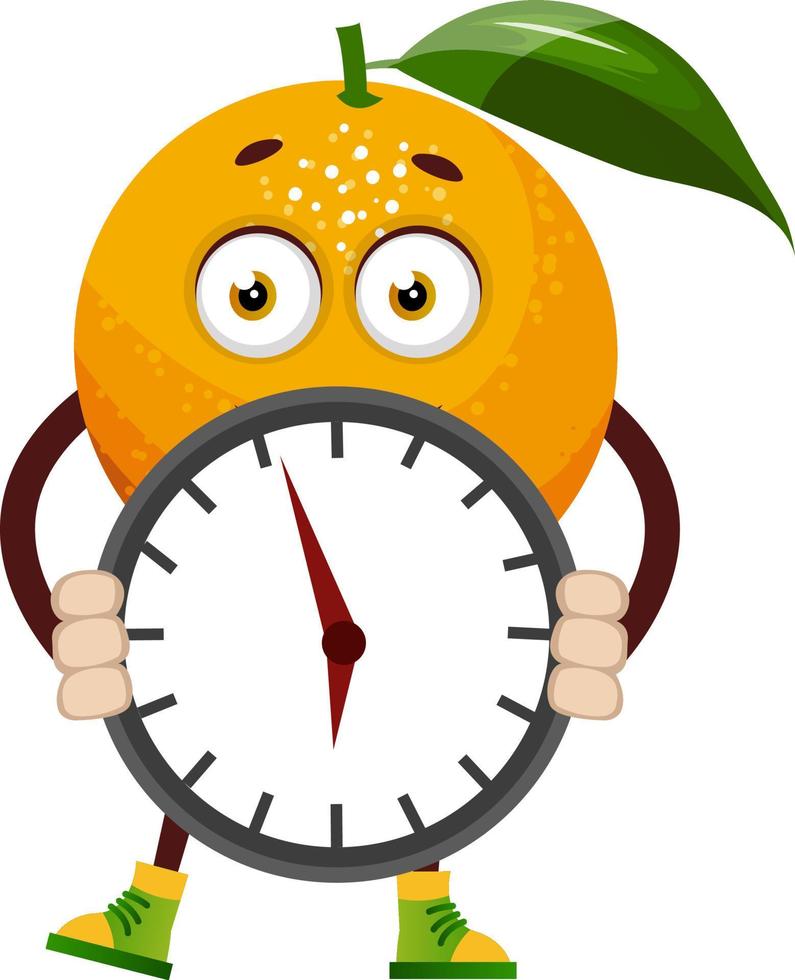 naranja con reloj, ilustración, vector sobre fondo blanco.