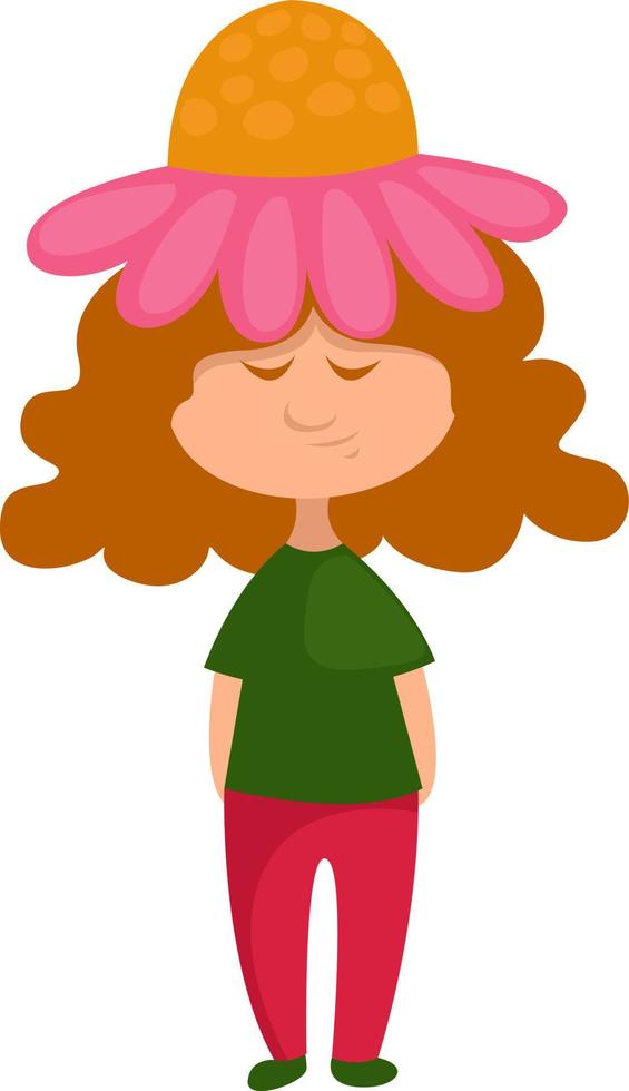 Girl with a flower hat, illustration, vector on a white background.